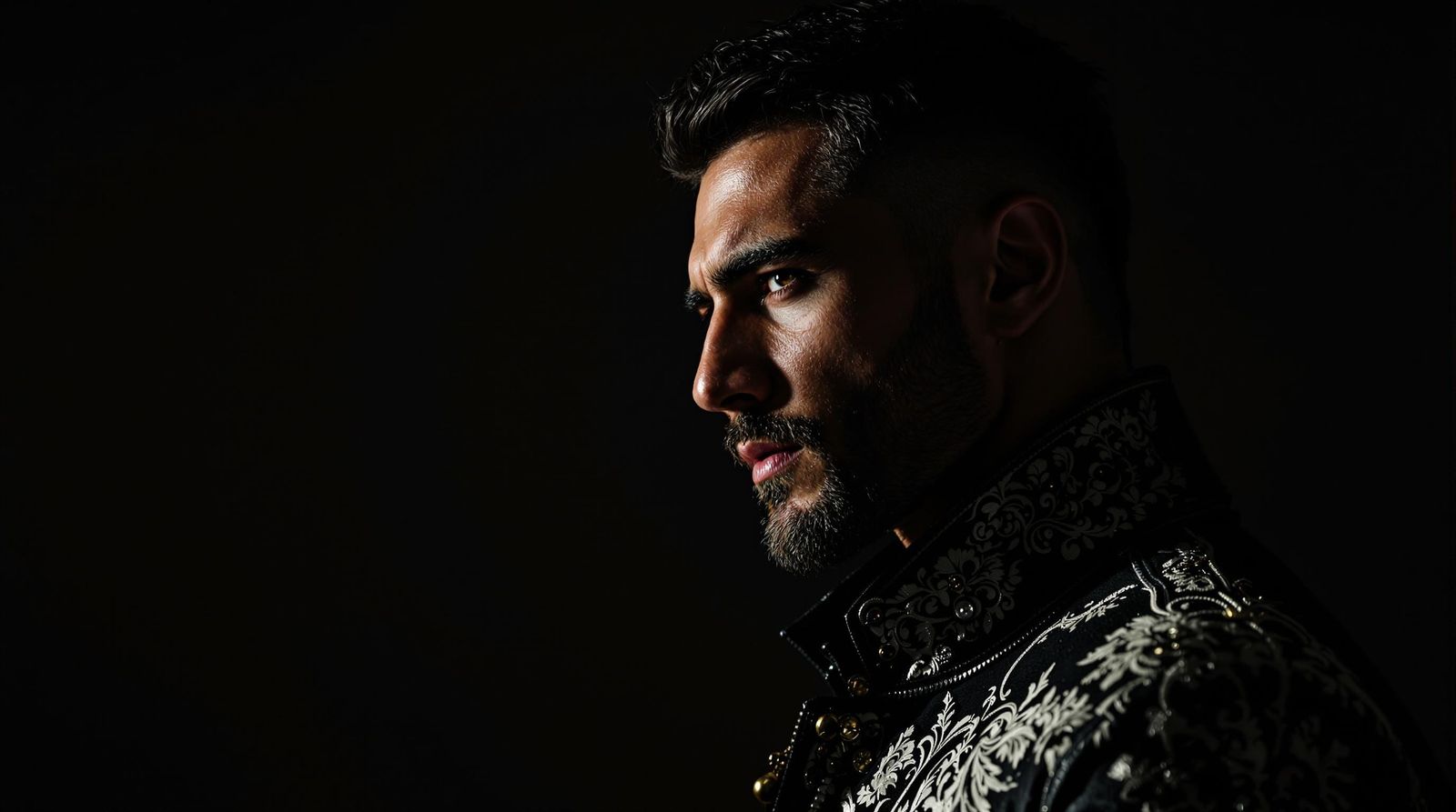 Dramatic Portrait of Handsome Spaniard in Chiaroscuro Lighti...