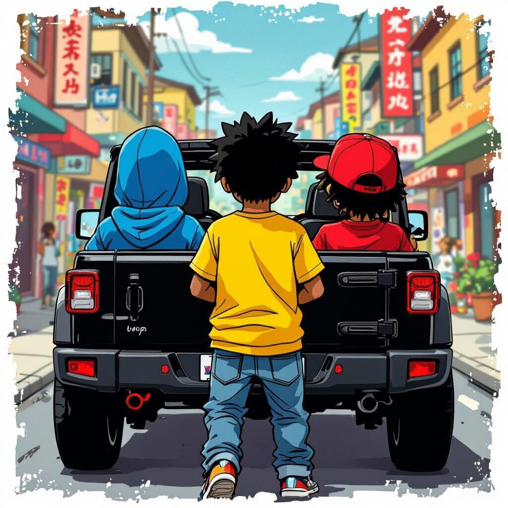 Cartoon Street Kids Drive Away in Black Jeep