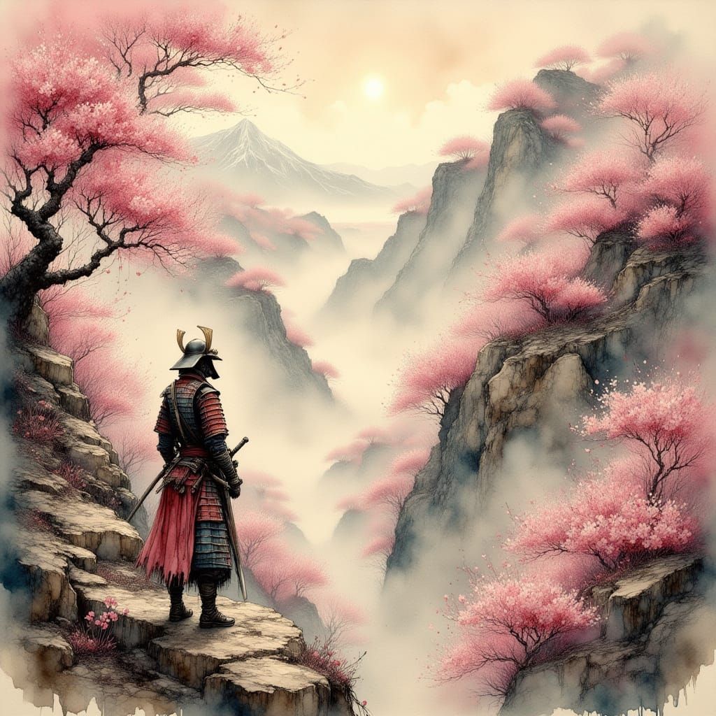 Samurai on Misty Peak in Ukiyo-e Style
