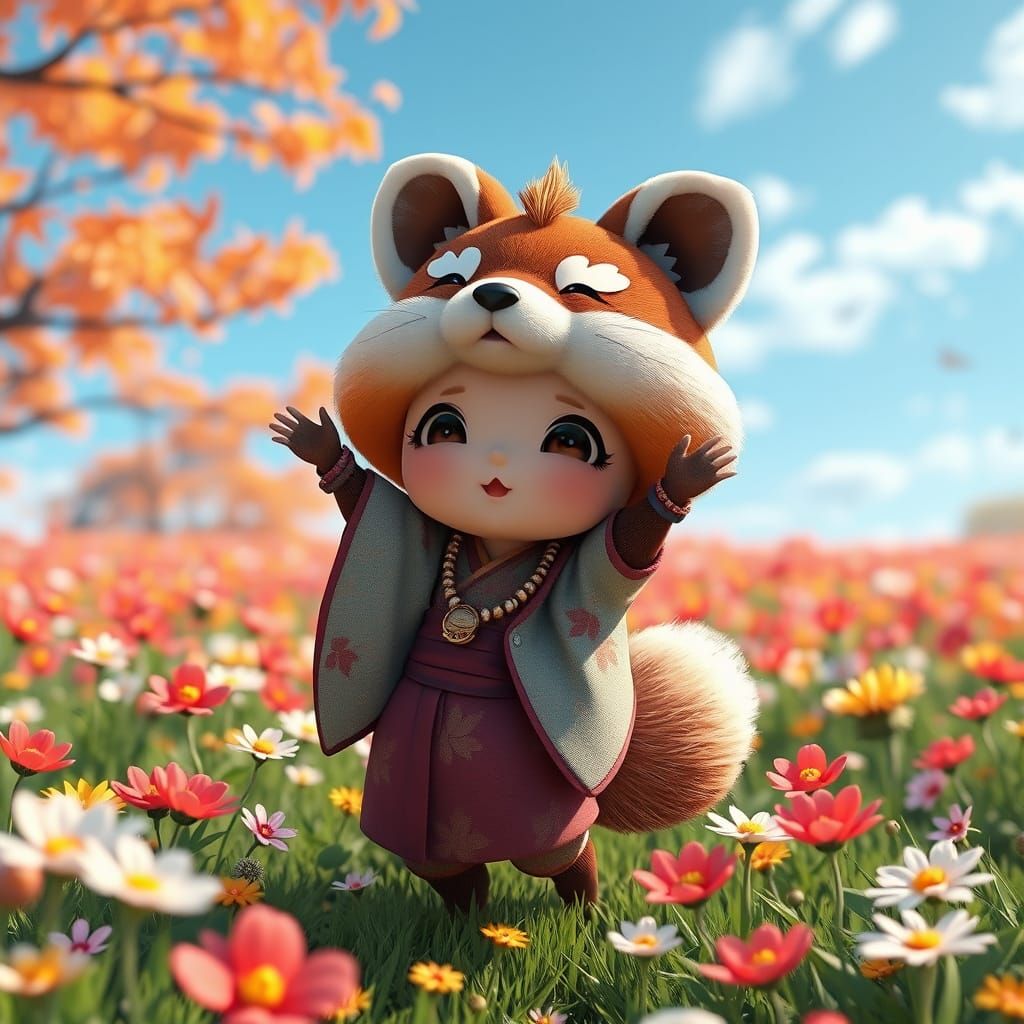 Charming Chibi Tanuki Girl in Vibrant Autumn Scene