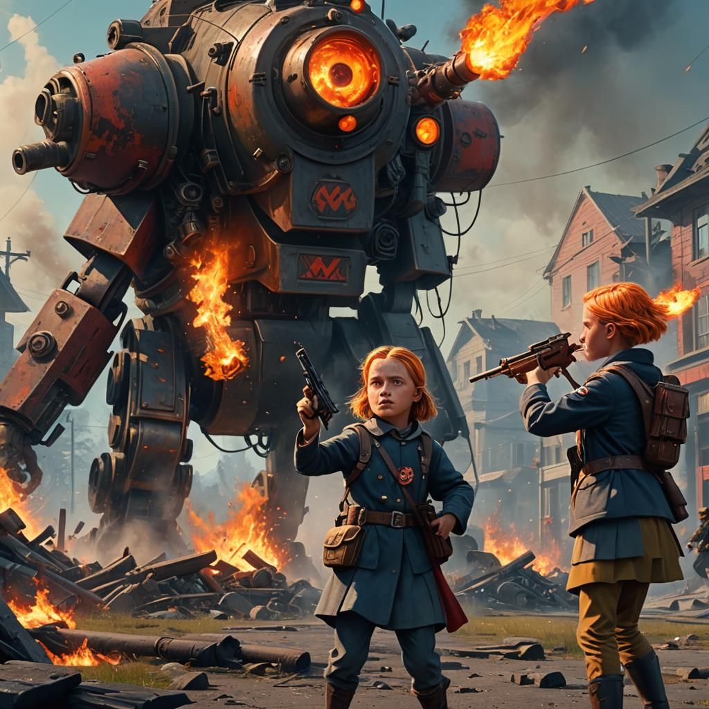 Giant Girl Strikes Nazi Soldier with Flaming Bullet