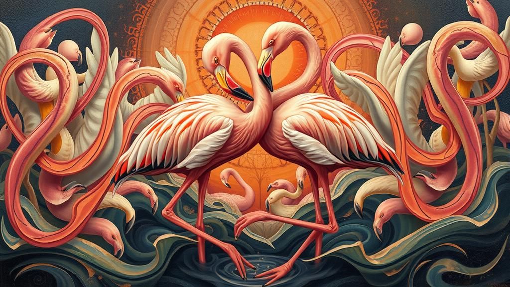 Flamingo Courtship Rituals in Surrealist Style