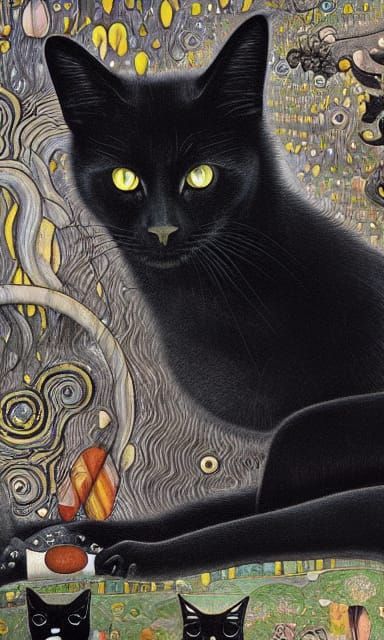 Surreal Black Cats in Mixed Media Style