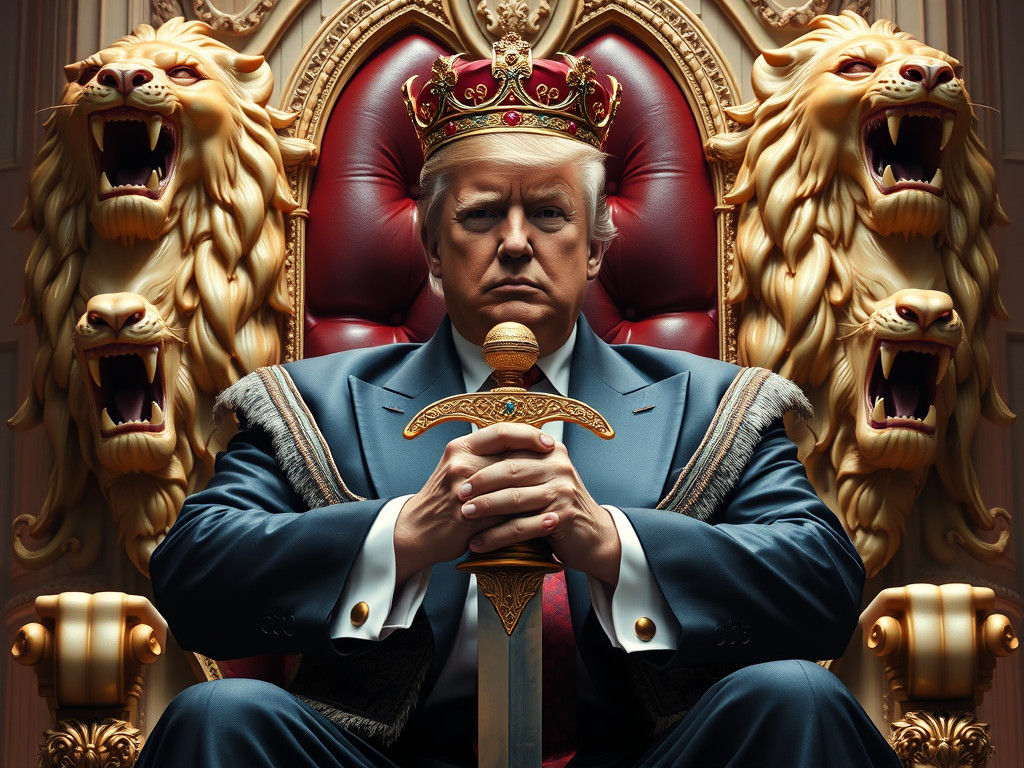 Regal Trump in Ivory Throne of Power Roars with Lion Heads
