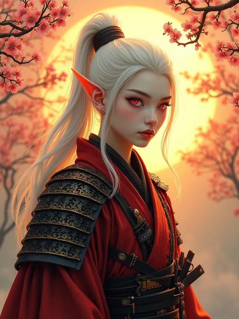 Ethereal High-Elf Samurai in Sunset Landscape