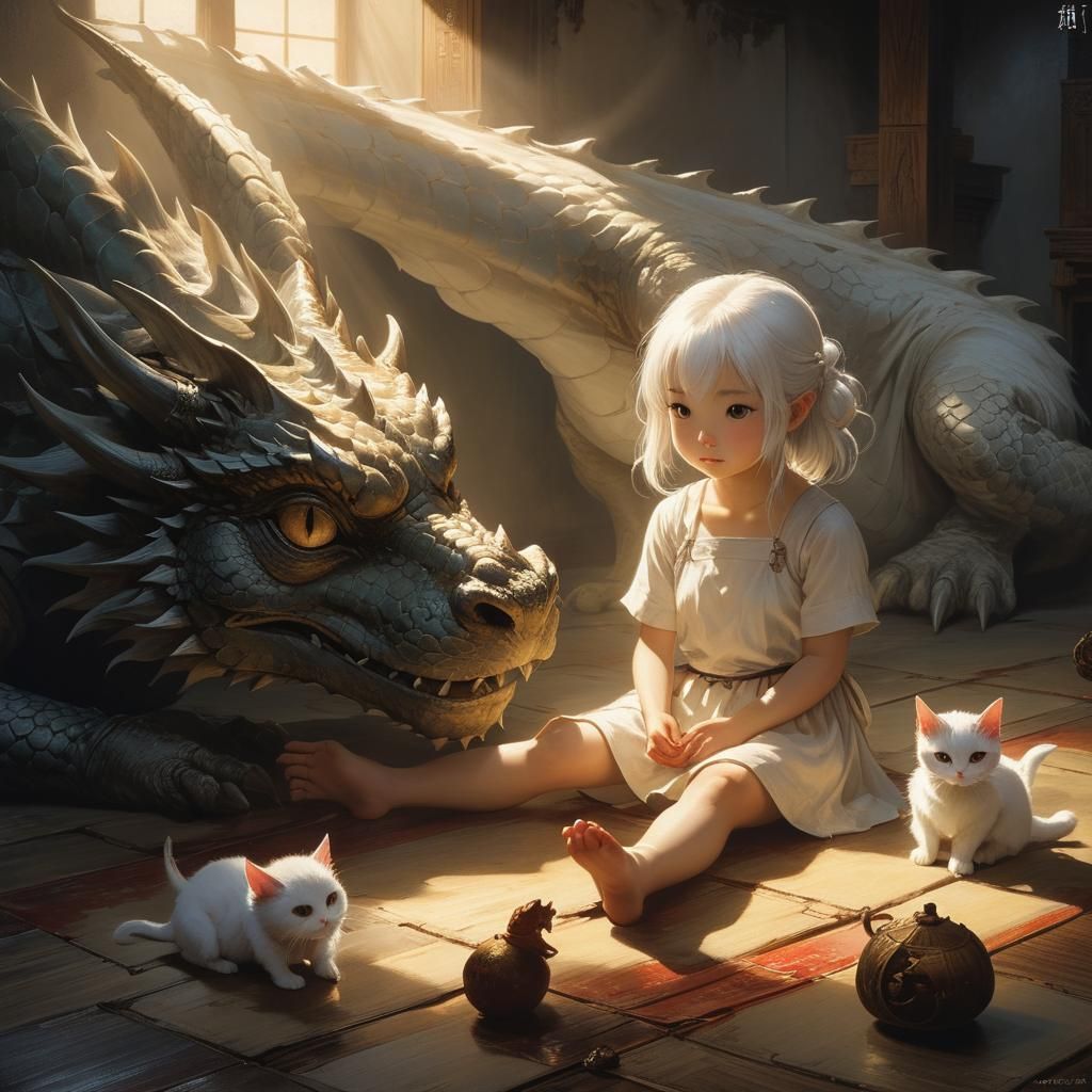 Girl and Dragon: A Chiaroscuro Painting