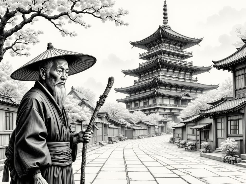 Elderly Man with Engraved Stick and Pagoda in Ukiyo-e Style