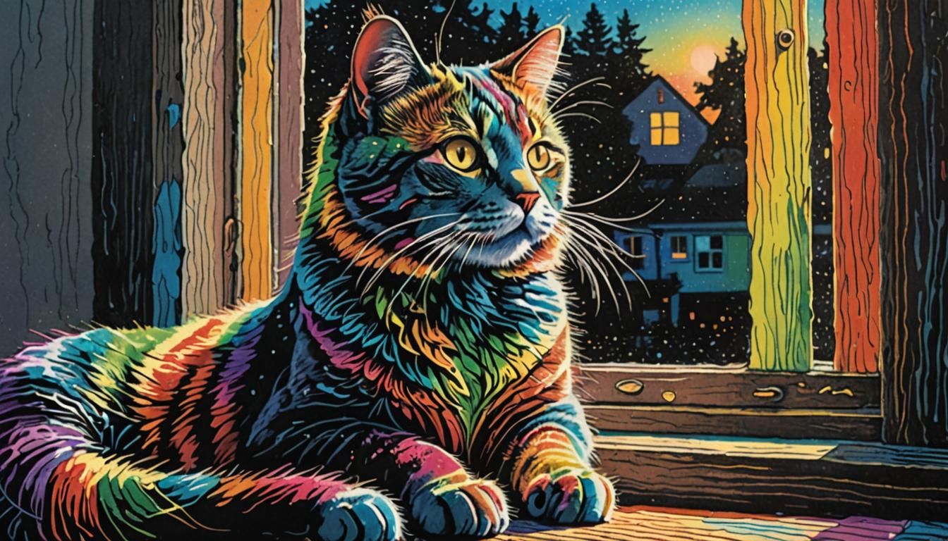 Rainbow Cat on Windowsill in Scratchboard Style