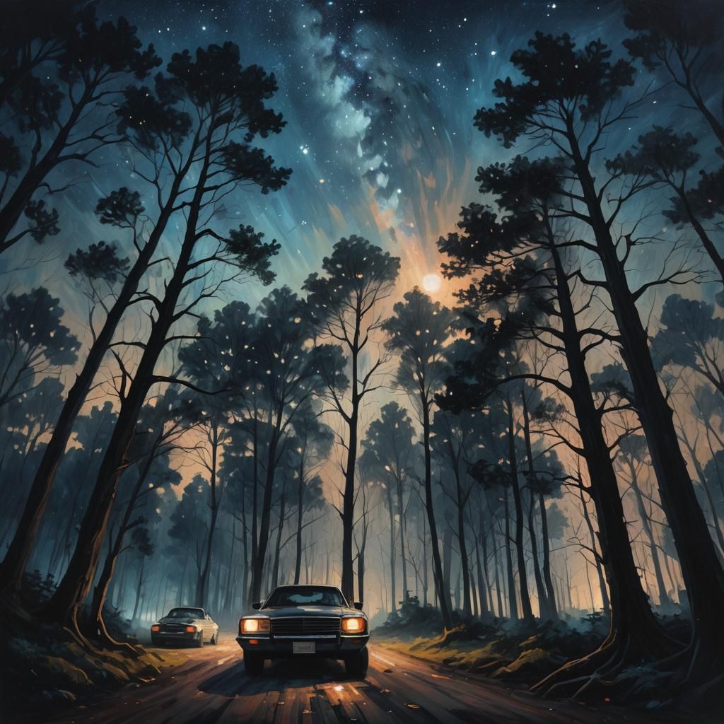 Eerie Headlights Illuminate Surreal Forest Landscape