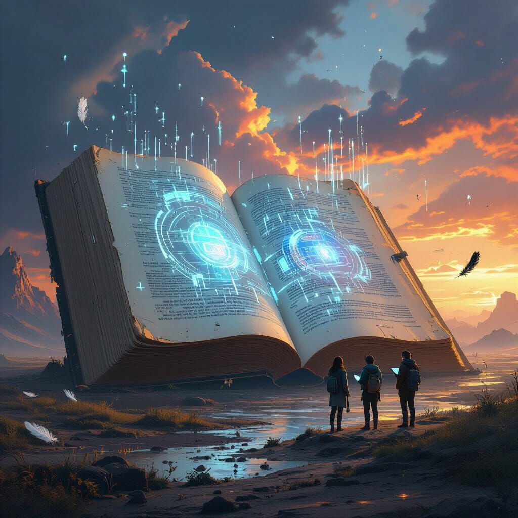 AI Book in Dystopian Landscape, Dreamlike Digital Art