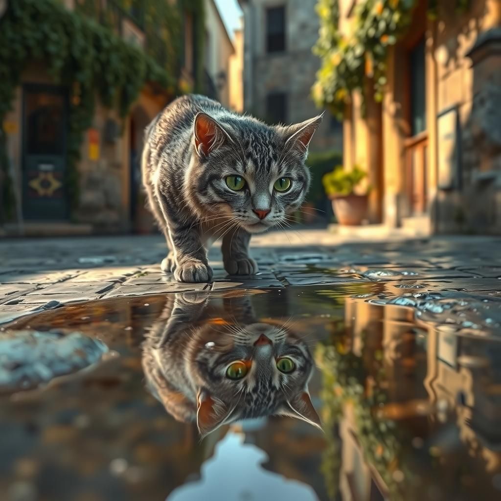 Tabby Cat and Reflection: Impressionist Style
