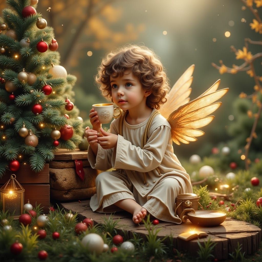 Angel Enjoying Coffee in Christmas Garden