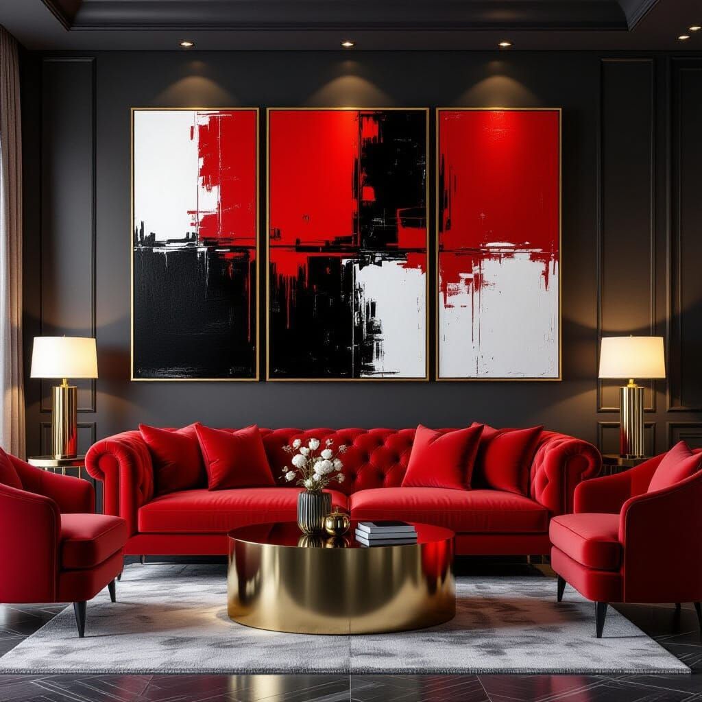Abstract Triptych Art in Red, Black, White with Impasto Text...