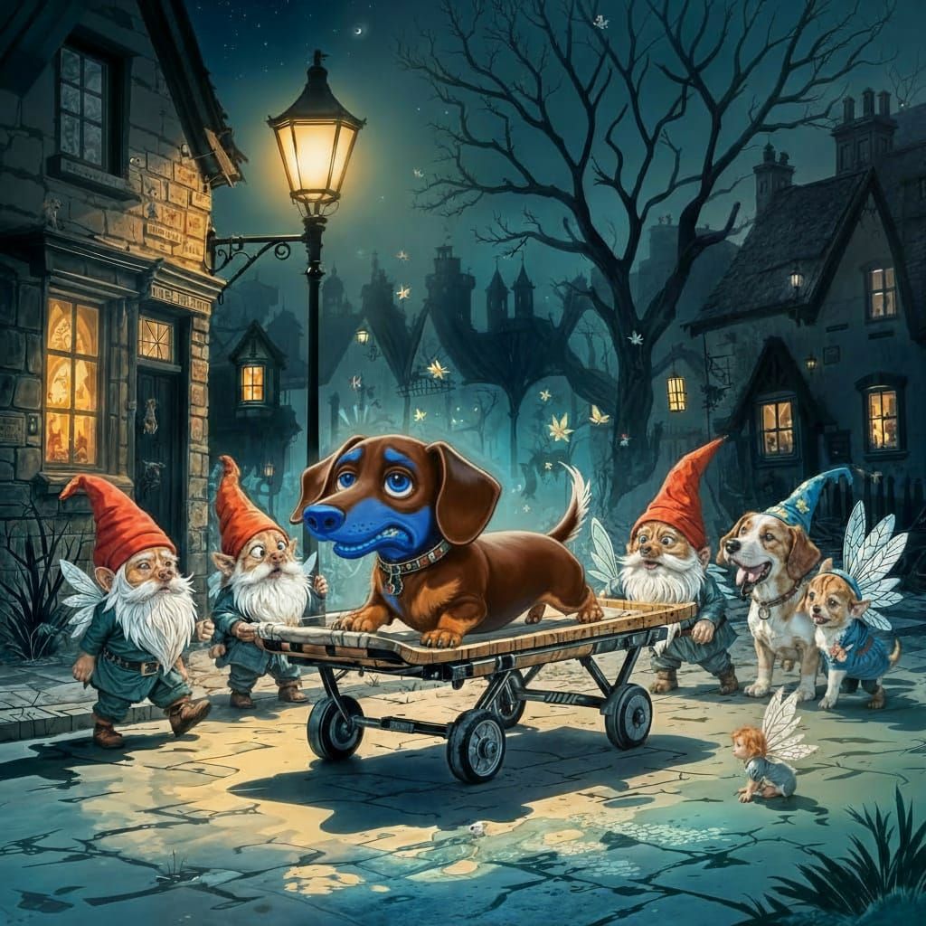 Gnomes Abduct Upset Dachshund Under Street Lamp
