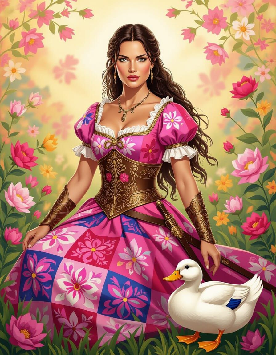 Pink Xena Warrior Princess Portrait in Patchwork Style