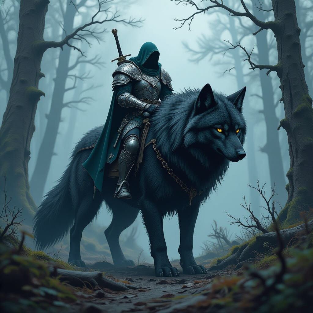 Elven Warrior on Shadow Wolf in Blighted Forest