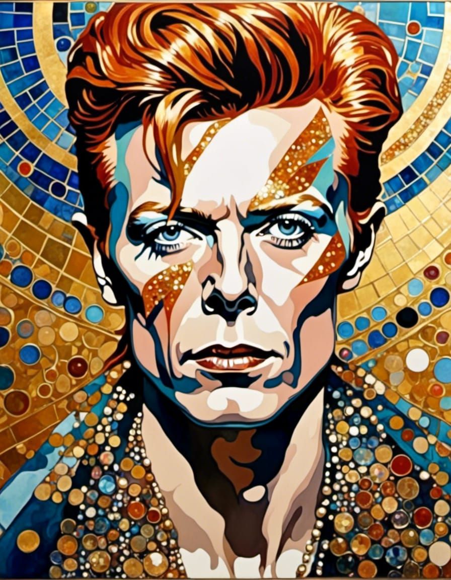 David Bowie with Klimt Background in Psychedelic Style