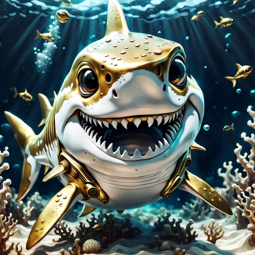 Futuristic Gold and White Mechanical Baby Shark