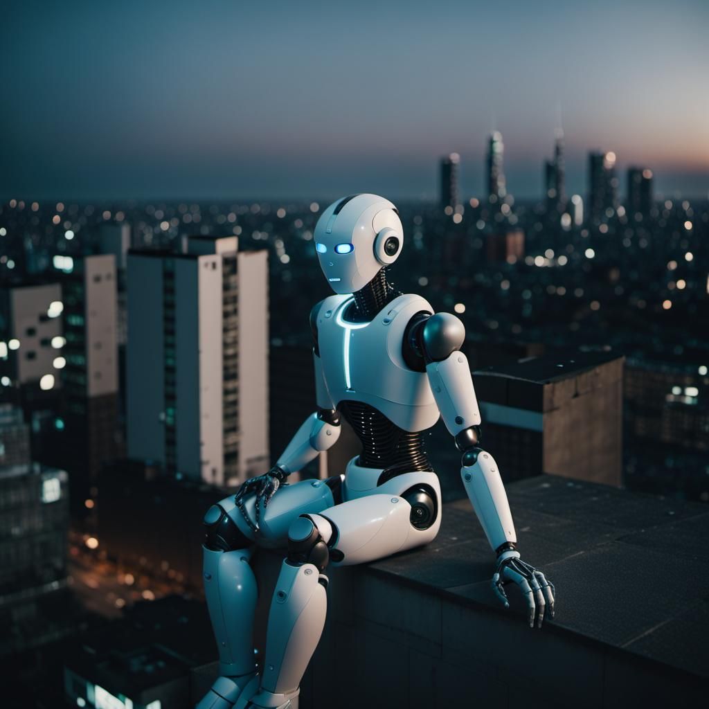Robot Sits on Tower Over Neon Cityscape