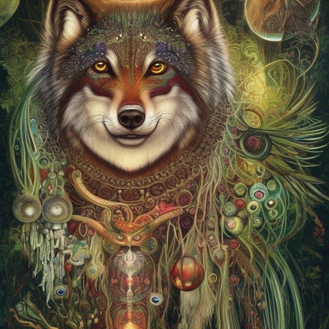 Visionary art shamanic photorealistic portrait of a wolf
