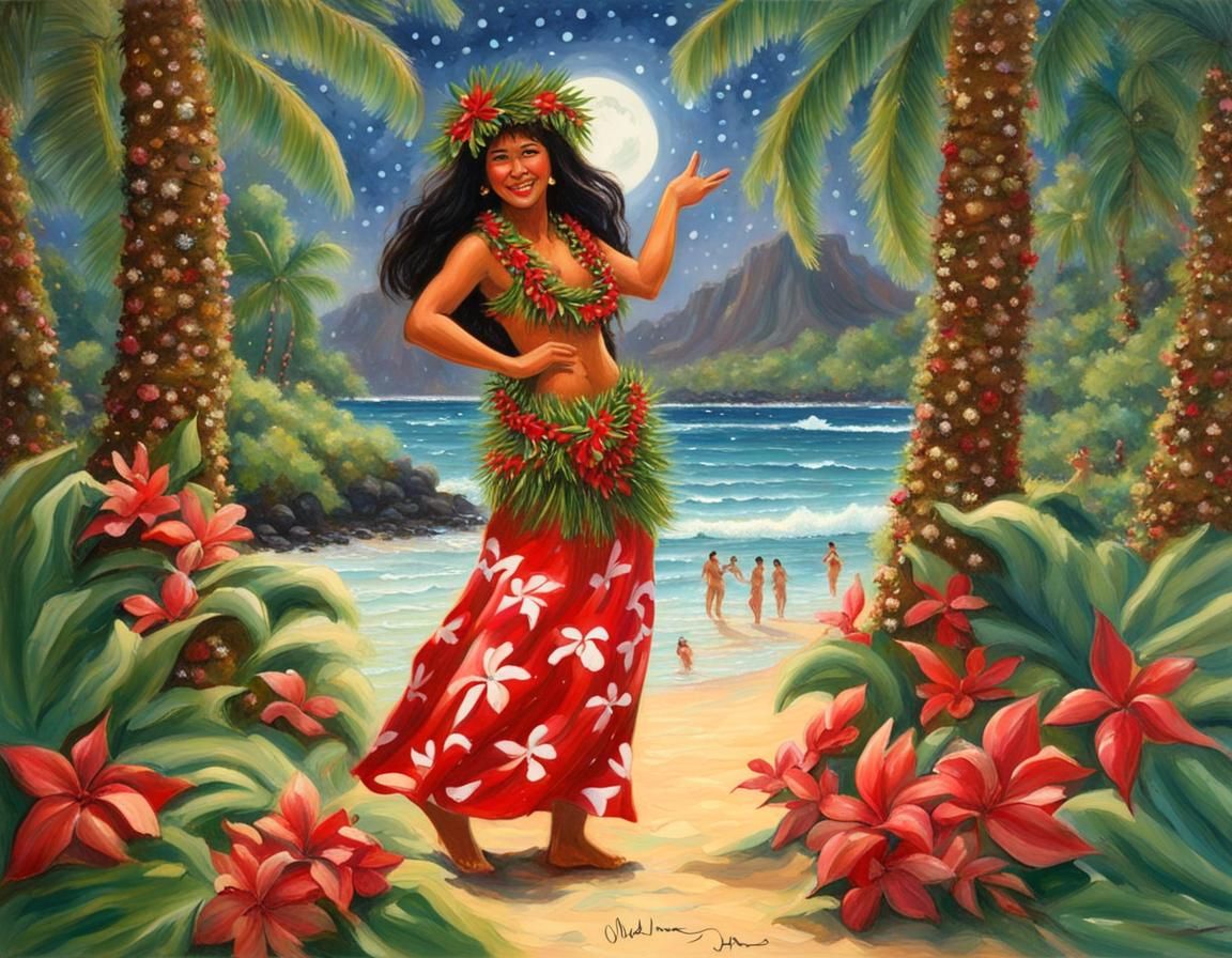 Festive Hawaiian Christmas Hula Dancer Scene