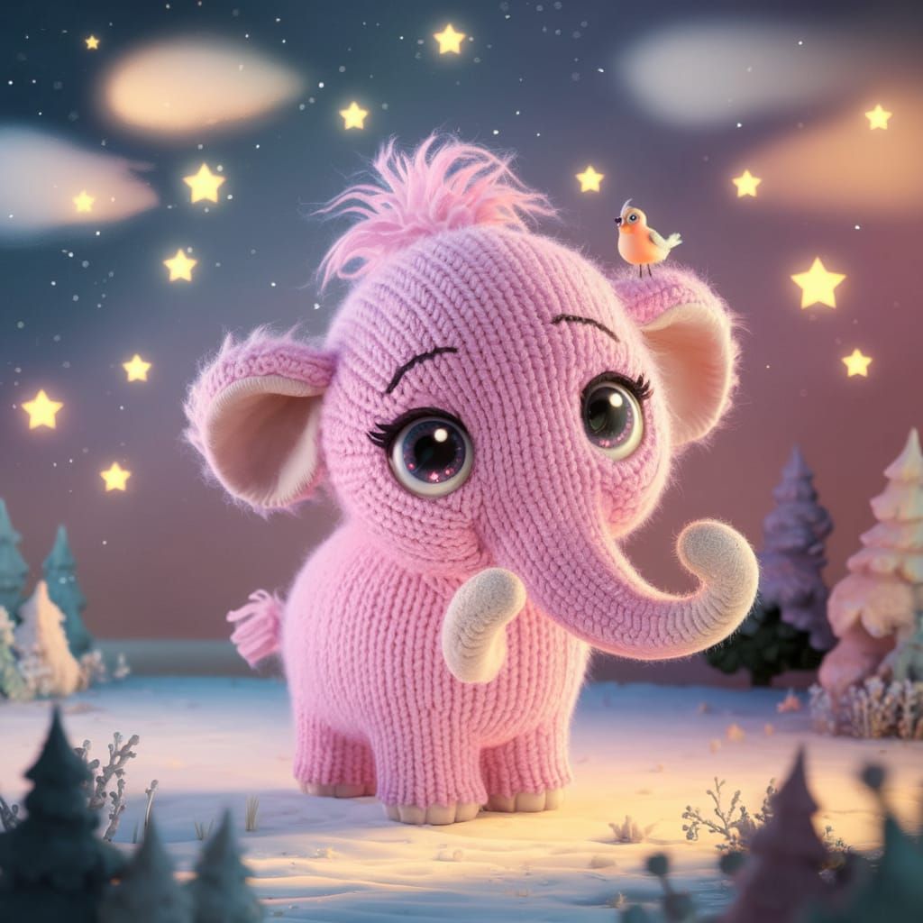 Pink Knitted Mammoth under Starry Sky
