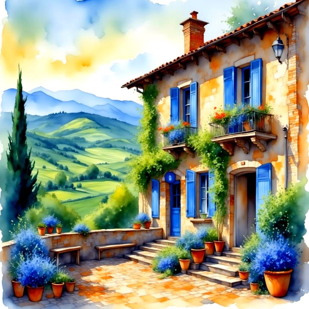 Surreal Italian Village in Soft Blue Hues