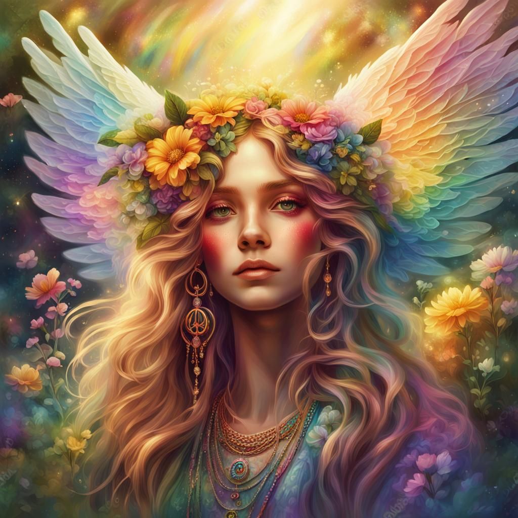 Vibrant Fantasy Angel in a Rainbow Hippy Style