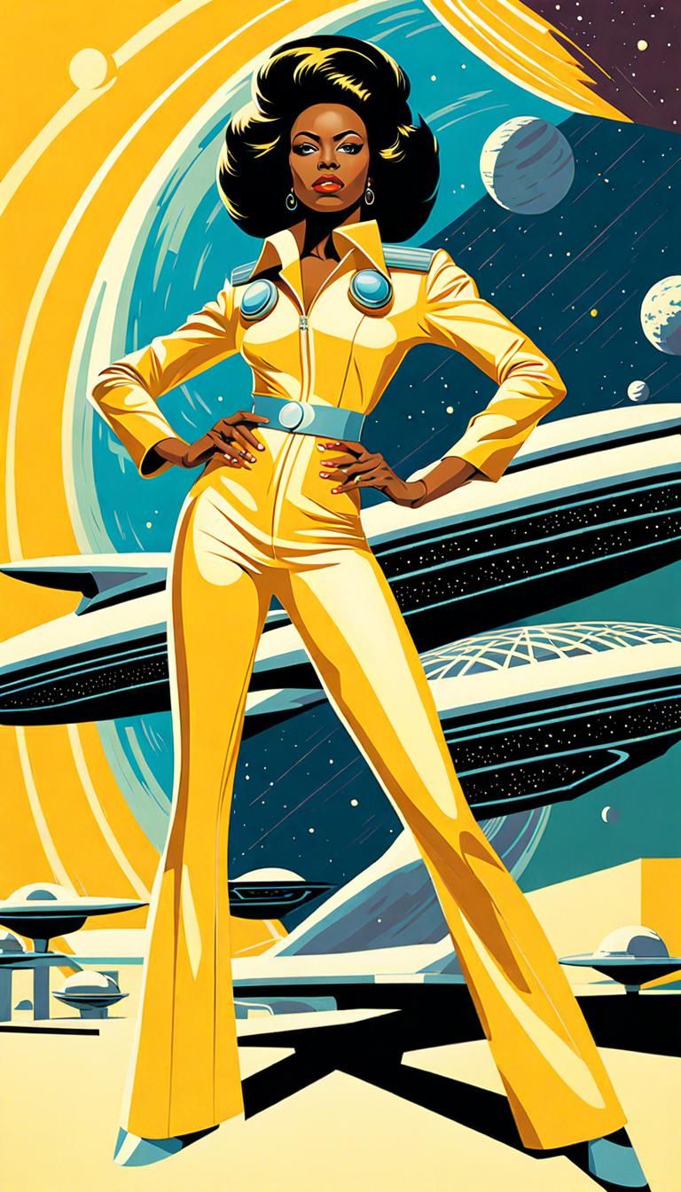 Retro-Futuristic African-American Heroine in Yellow Jumpsuit