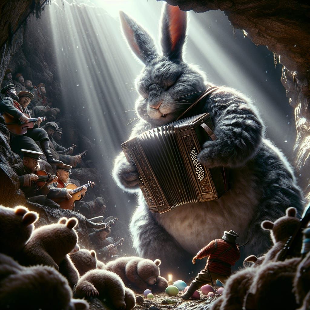 Chubby Easter Bunny Playing An Accordion To The Bears