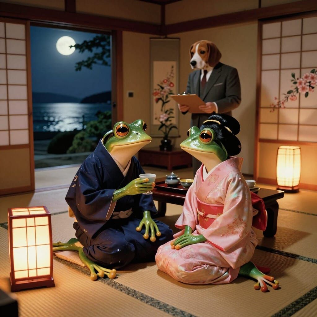 James Bond Frogs in Japanese Ryokan, Photorealistic Style