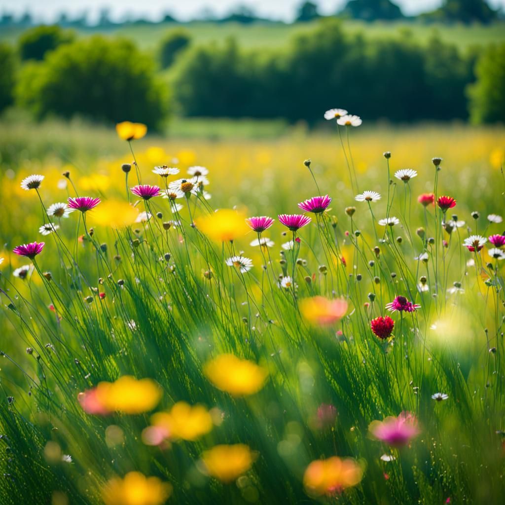 Lush Wildflower Meadow in Clear Sunlight: Photography