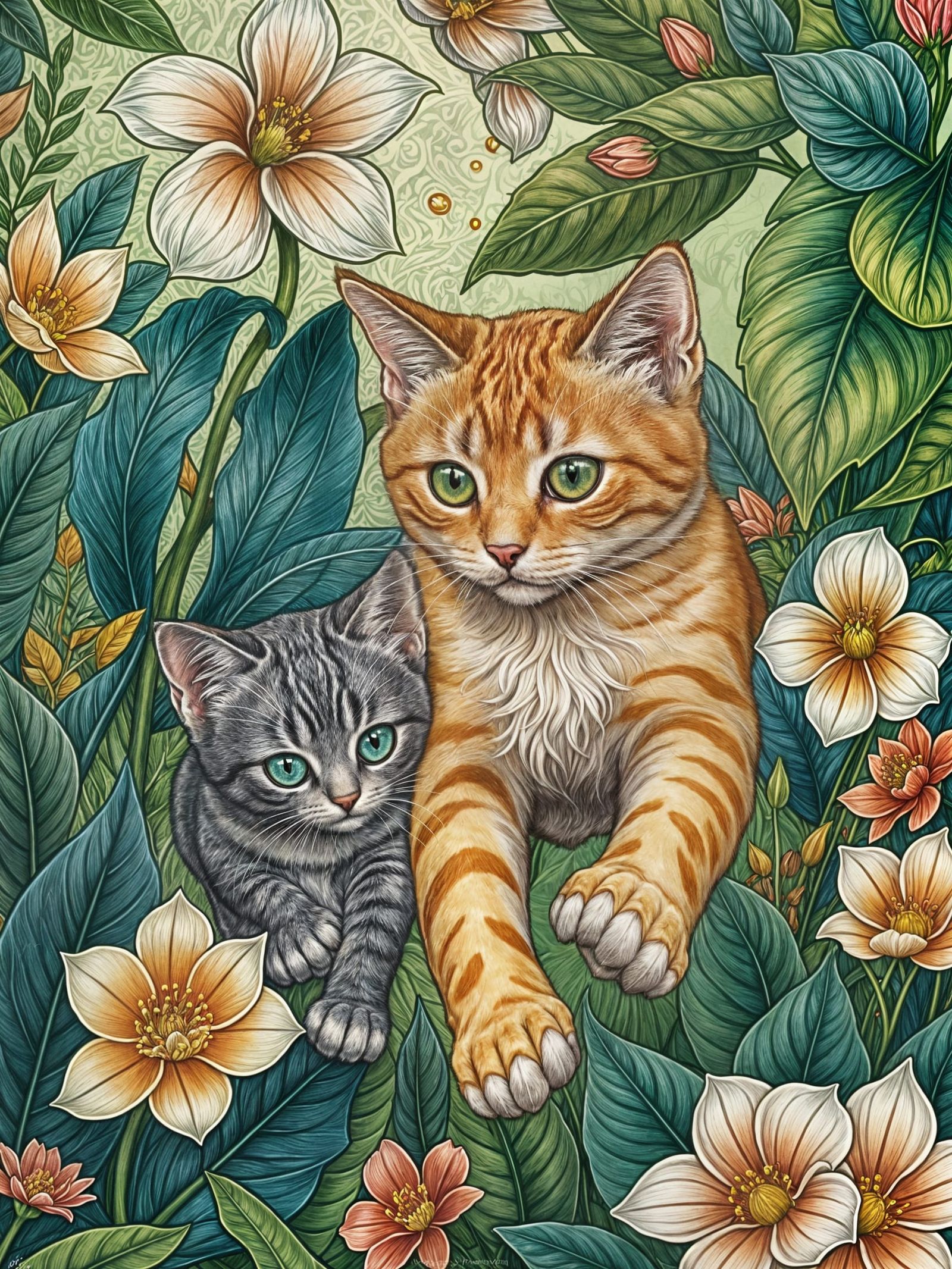 Cats Play in Art Nouveau Tropical Garden