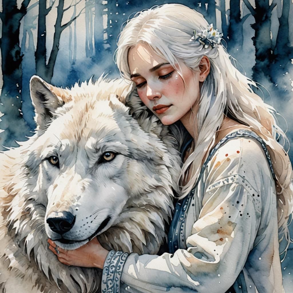 Woman and Wolf: A Watercolor Comfort Scene