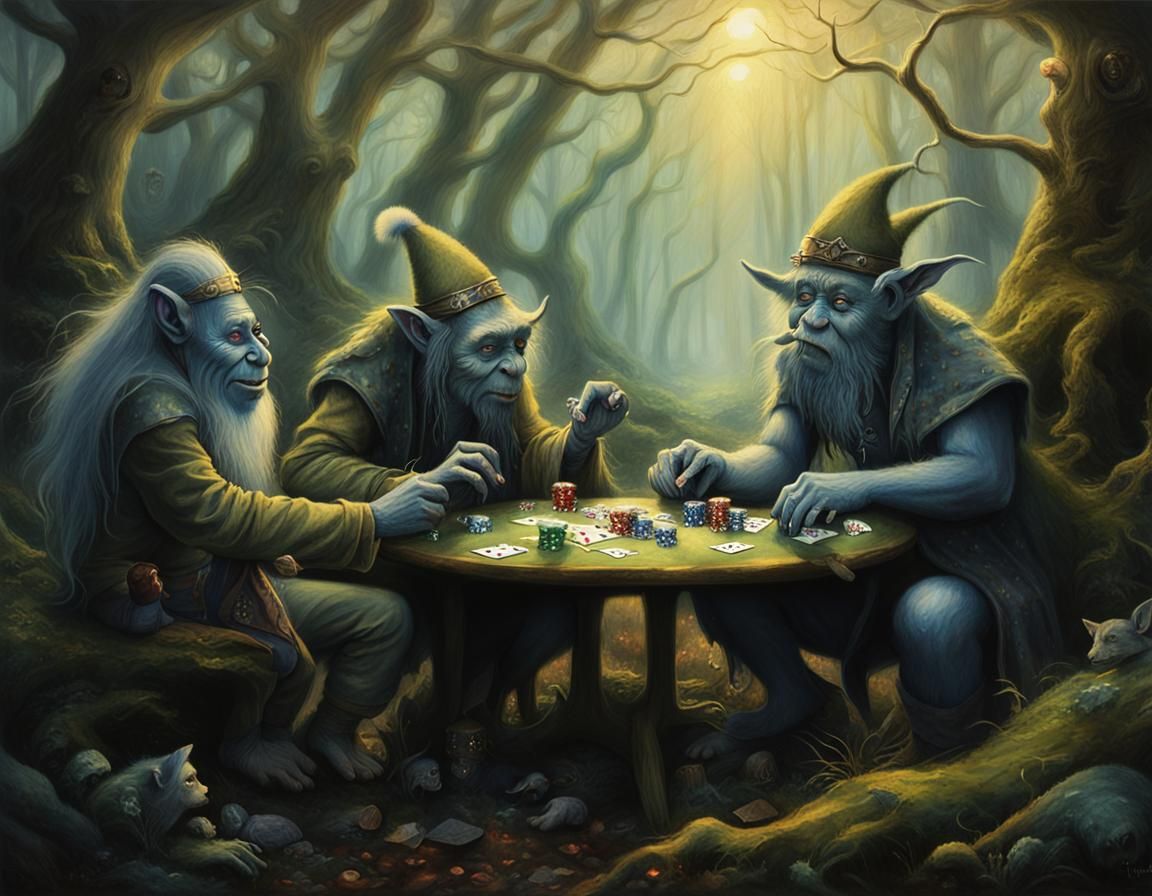 Trolls Play Poker in Misty Forest Clearing