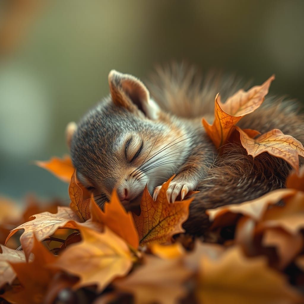 Cute Squirrel Sleeping in Autumn Leaves