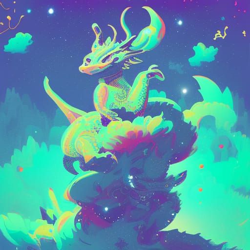 Psychedelic Eastern Dragon Among Luminous Stars