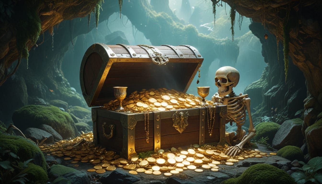 Treasure Chest Overflowing with Gold and Jewels in a Cave