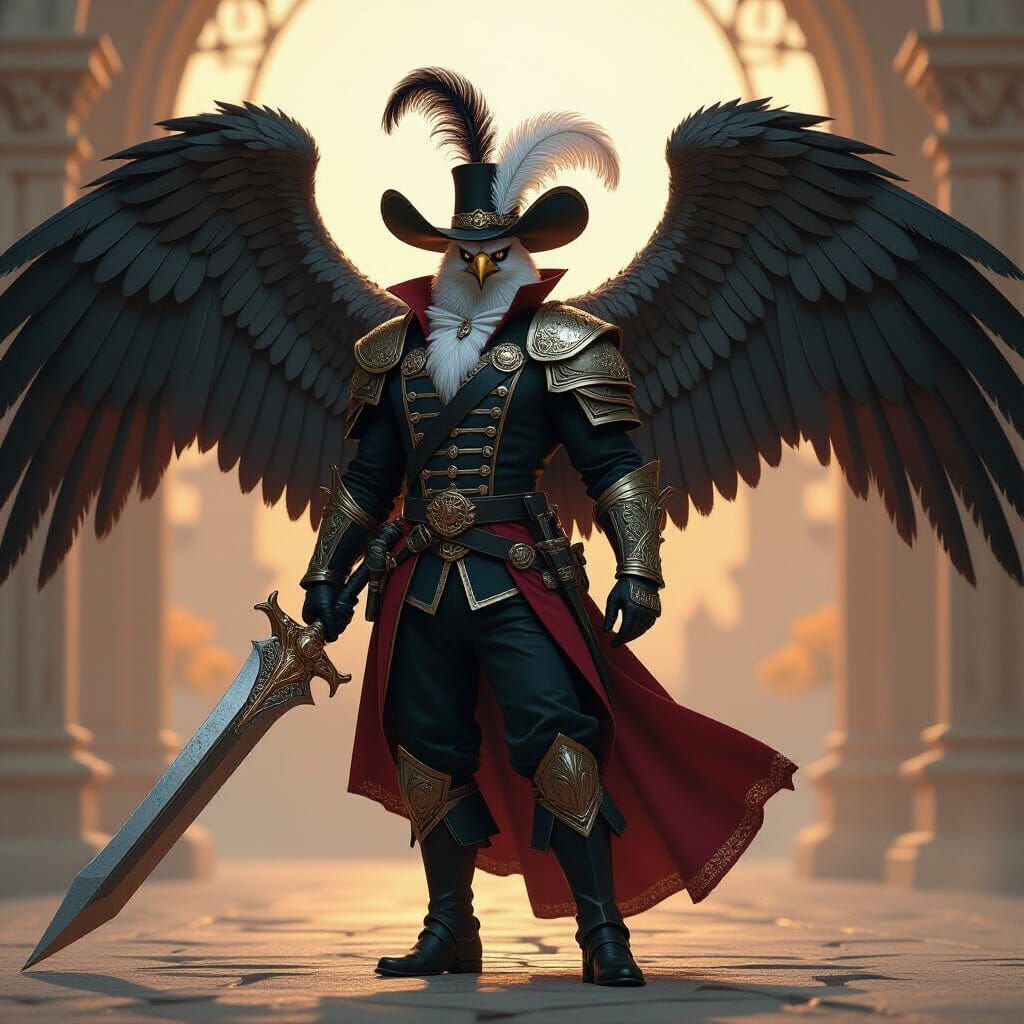 Humanoid Hawk Musketeer with Iron Wings and Feather Sword