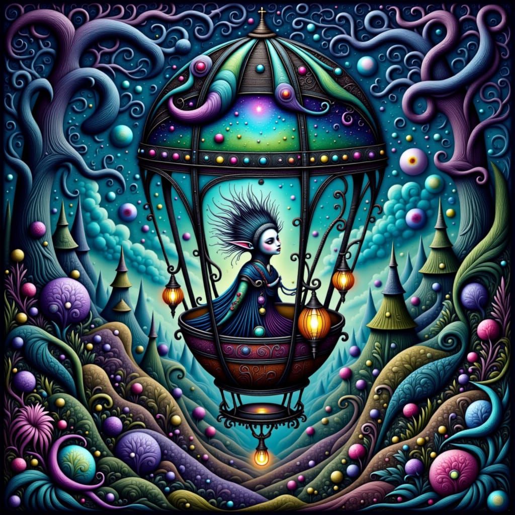 Woodland Fae in Hot Air Balloon, Arthur Rackham Style