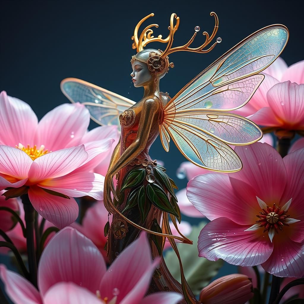 Steampunk Glass Fairy Sculpture with Golden Gears