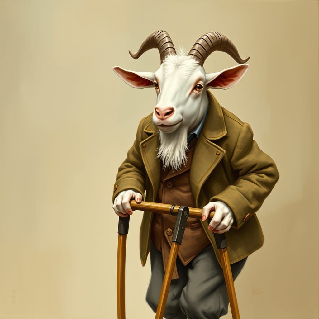 Anthropomorphic Goat Walks with Zimmer Frame