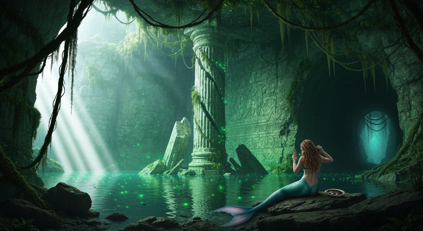 Bioluminescent Sea Cave With Ancient Murals and Lush Vegetat...