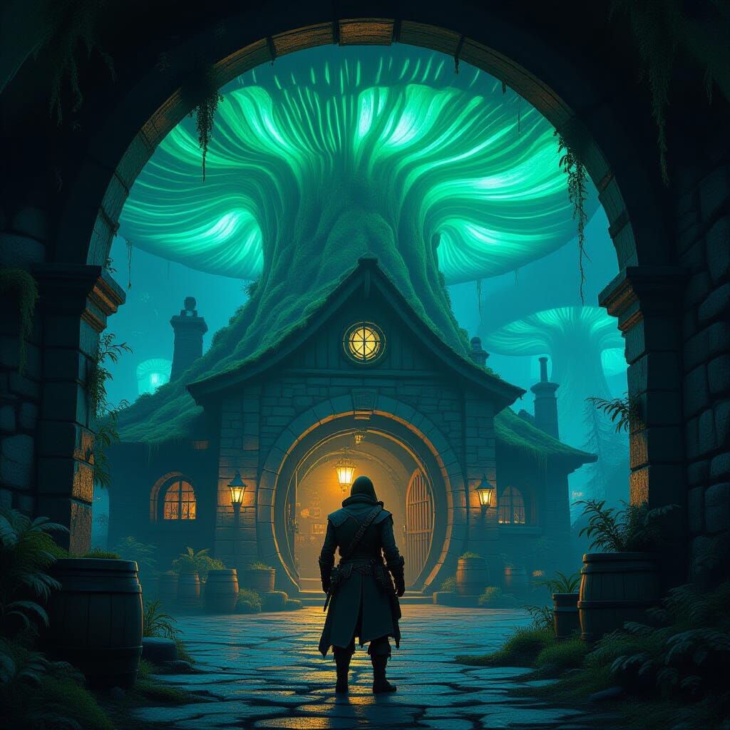 Explorer Enters Bioluminescent Mushroom Forest Tavern