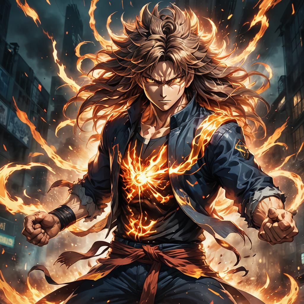 Fierce Anime Character with Fiery Aura