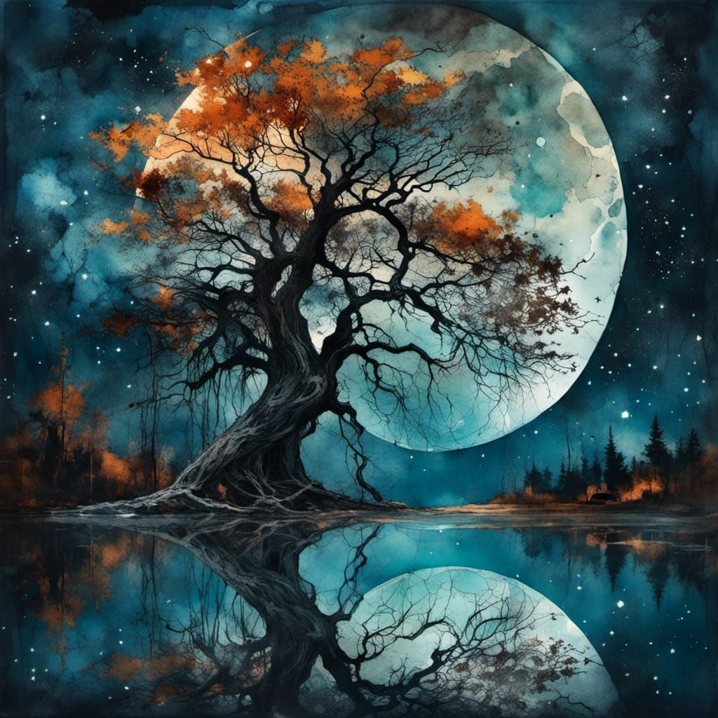 Magical Moonlit Bodhi Tree in Dark Fantasy Style