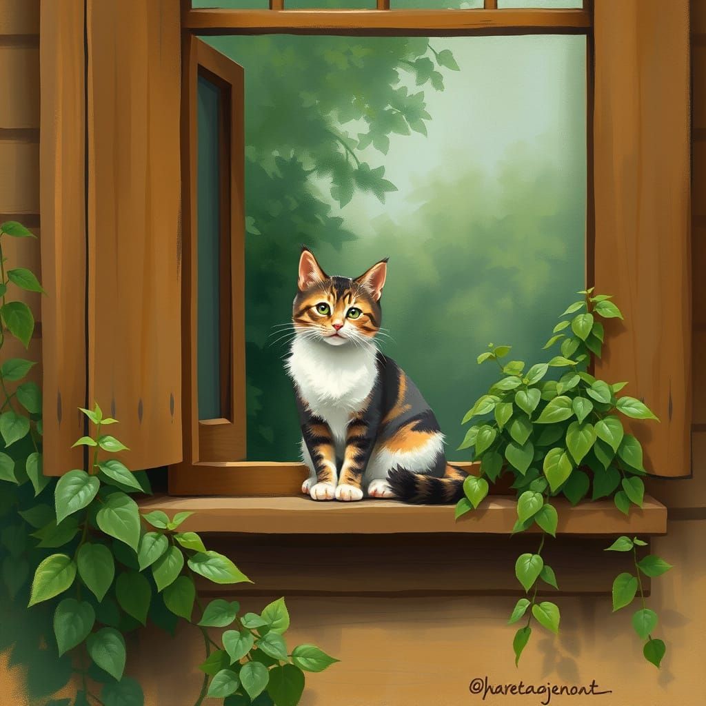 Impressionist Cat in Window Alcove