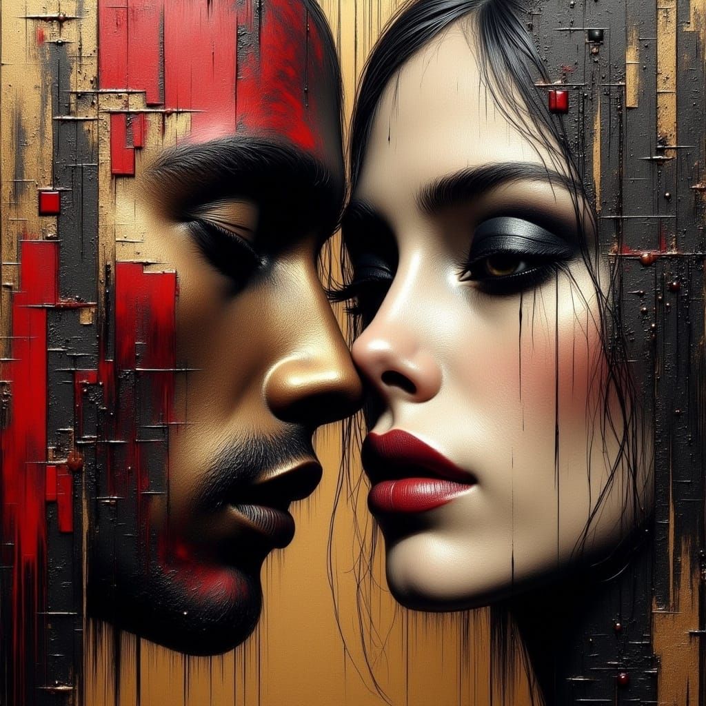 Abstract Portrait in Industrial Encaustic Style with Metalli...