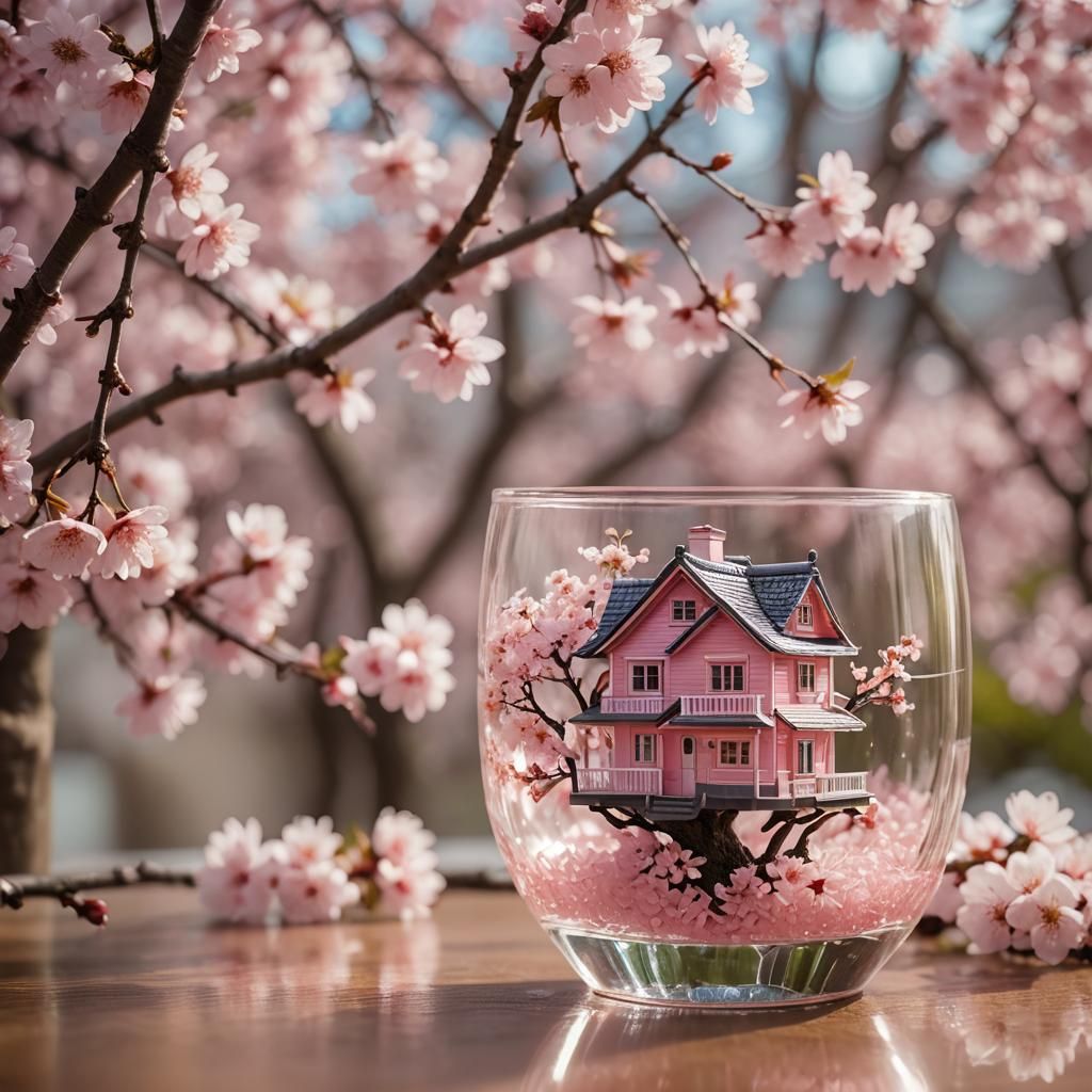 Pink House Under Sakura in Glass Cup