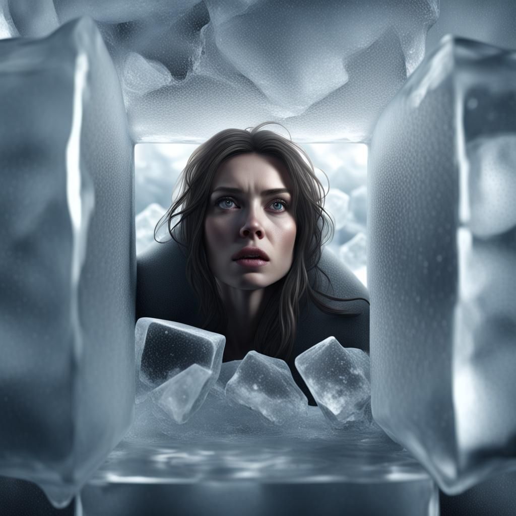 Woman Trapped in Ice Cube: Emotional Cinematic Scene